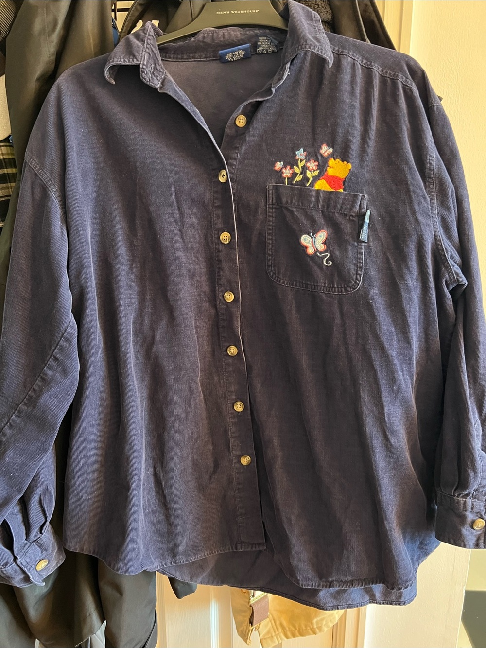 Women’s Vintage Corduroy Navy Button-Down Shirt with Winnie the Pooh Embroidery